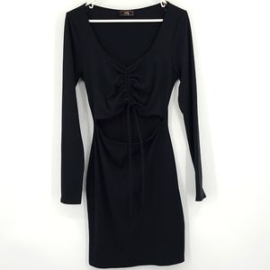 VNTG Large Black ribbed Long sleeve pull cinch top open front mini dress Sexy